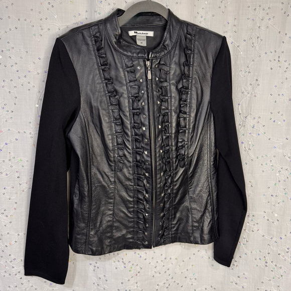 Y2K Nygård Black Leather & Knit Jacket – Edgy Ruffle & Studded Detail (Medium) - Picture 1 of 5